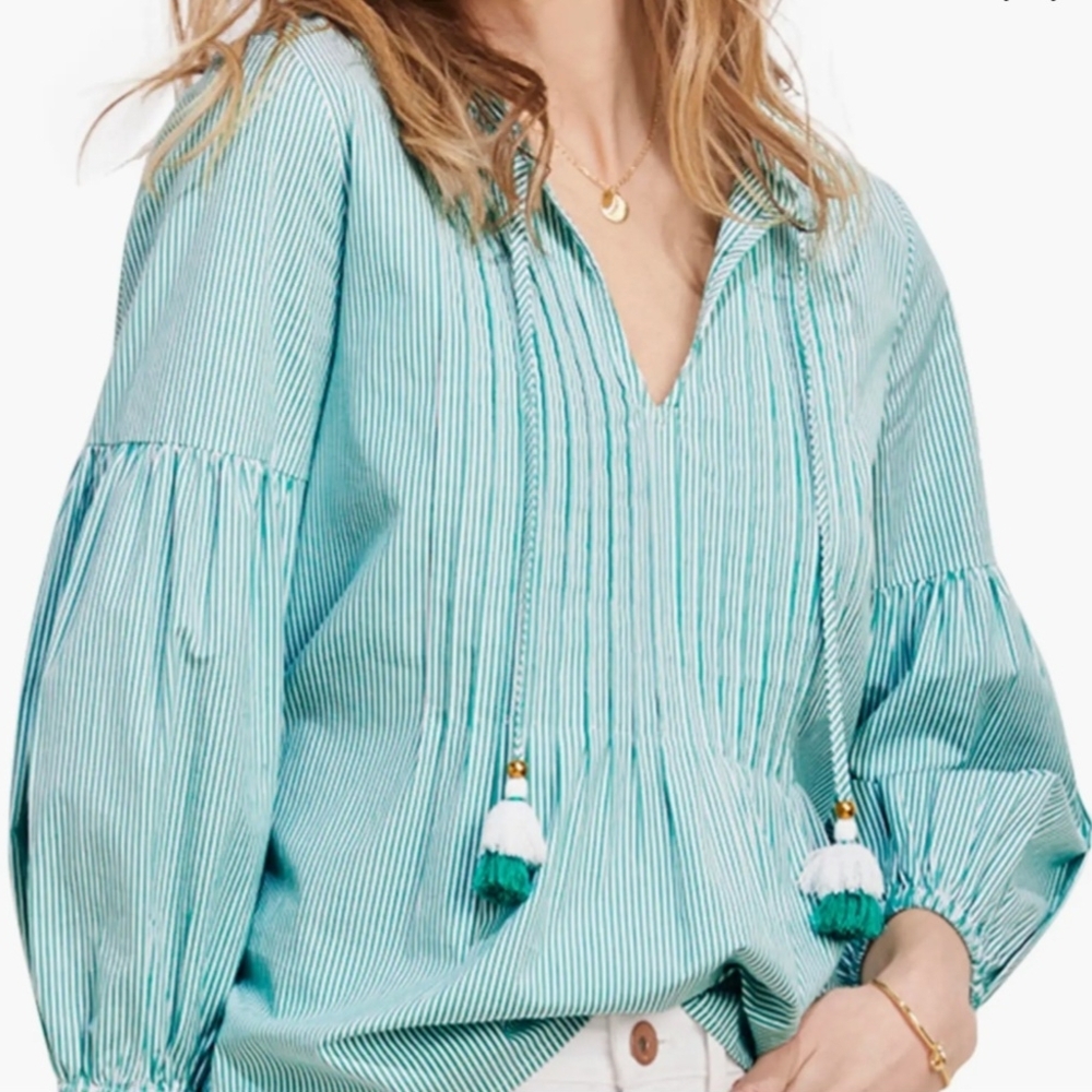 Vineyard Vines Pintuck Striped Blouse with Tassels Womens Medium
